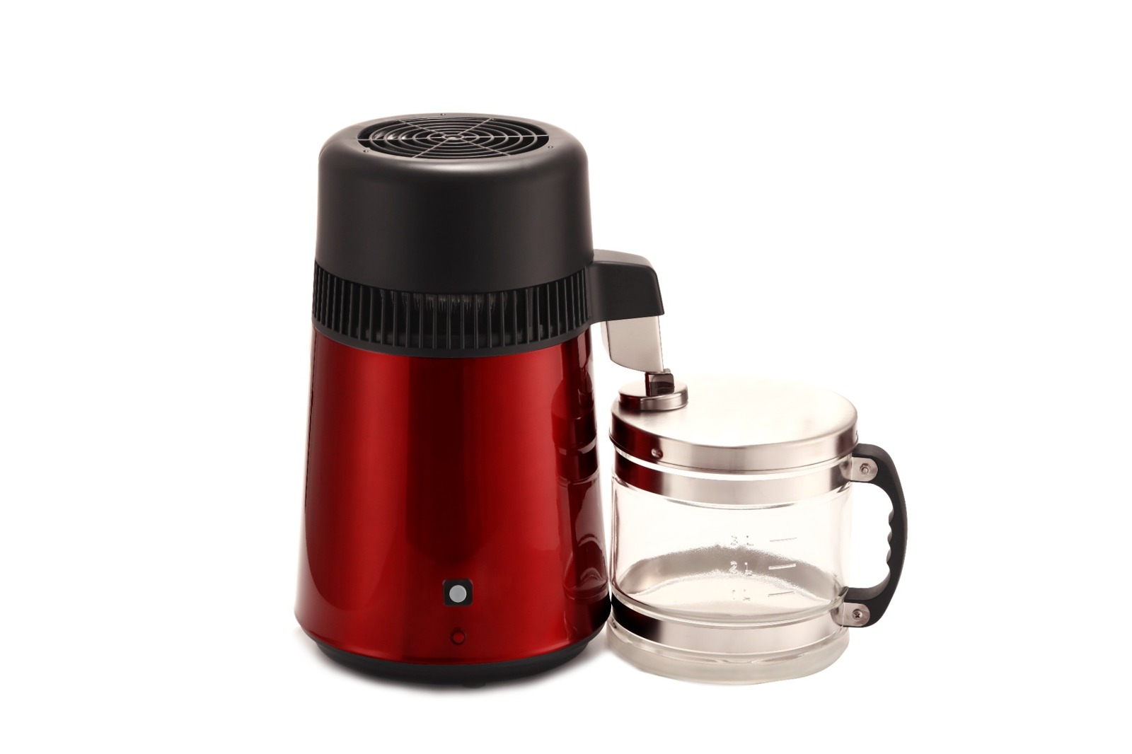 Red water distiller with collecting jug